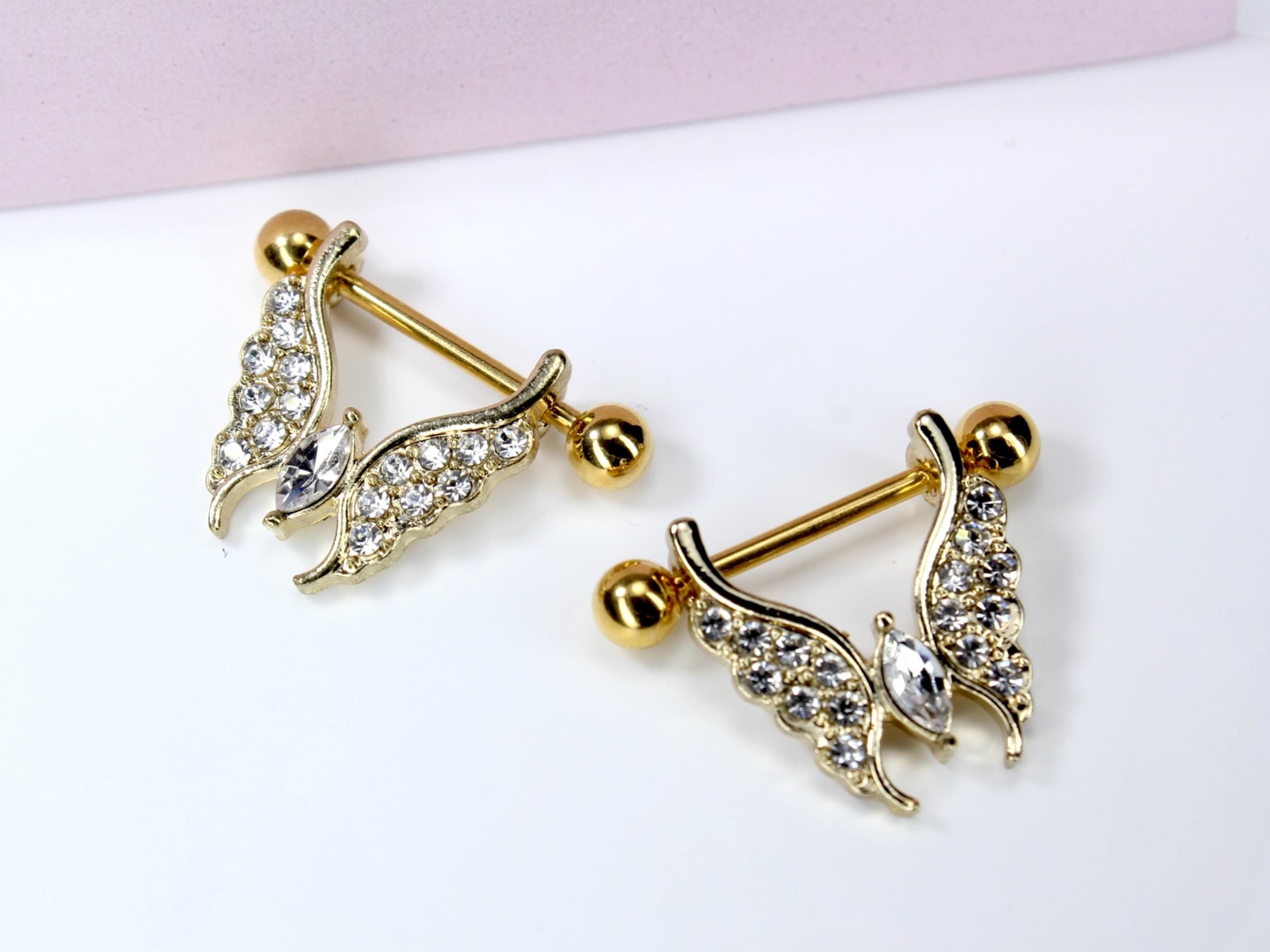 Gold Butterfly Nipple Ring, 14G Sparkling Butterfly Decor Nipple Piercing Jewelry, Set of 2 Gold Butterfly Nipple Ring Piercing Jewelry