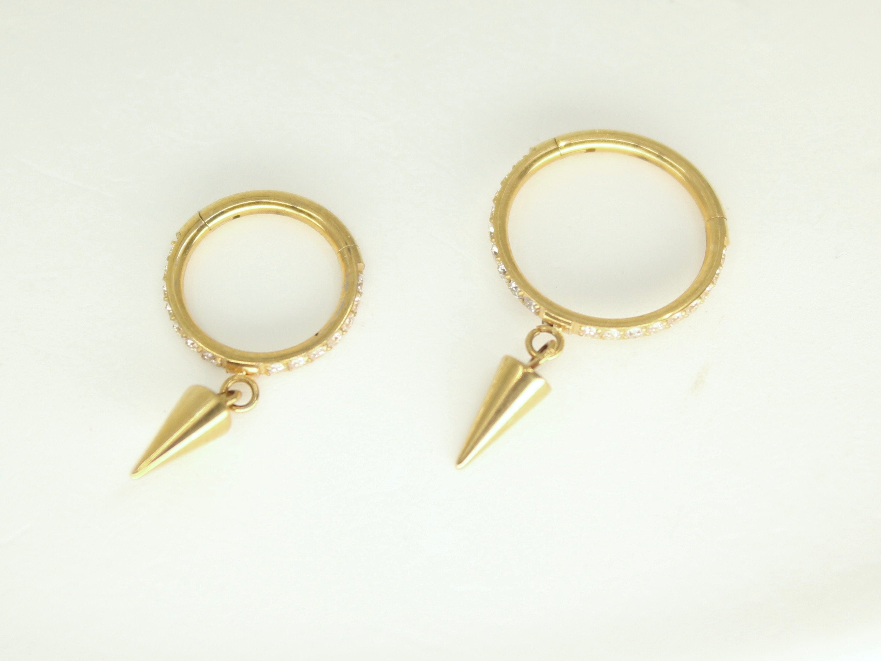 Gold Spike Dangle Hoop Ring, CZ Conch Hoop Clicker Ring, Conch Piercing Hoop Ring, Titanium Septum Daith Cartilage Piercing Earring