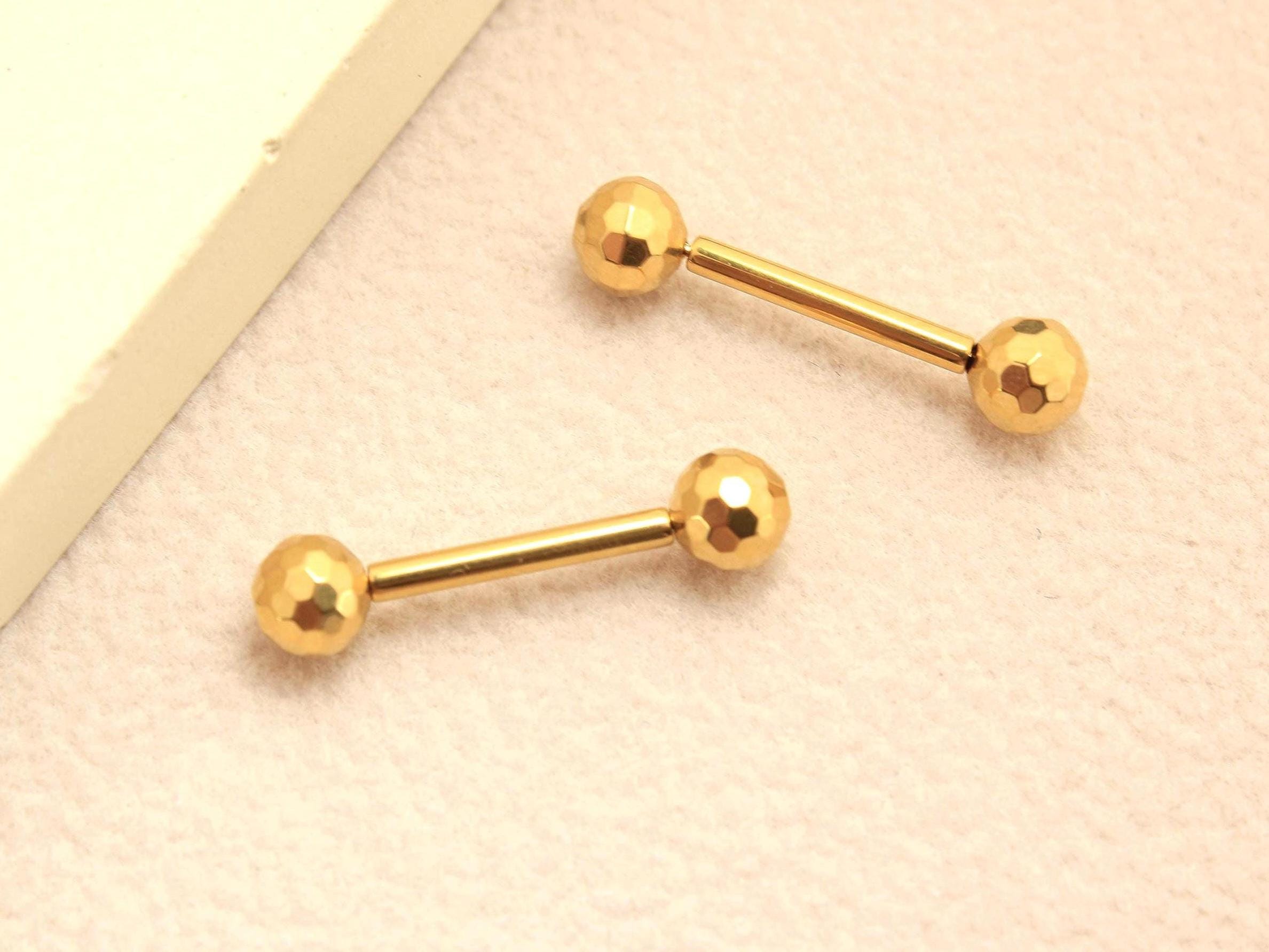 Gold Titanium Nipple Barbell, 14G Disco Ball End Threadless Push In Nipple Ring Jewelry,Pair of 2 Nipple Piercing, Push In Body Jewelry