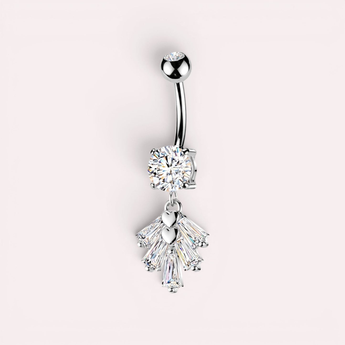 MKBodyJewelry silver-tone belly button ring with large cubic zirconia and dangling heart & baguette gem charm