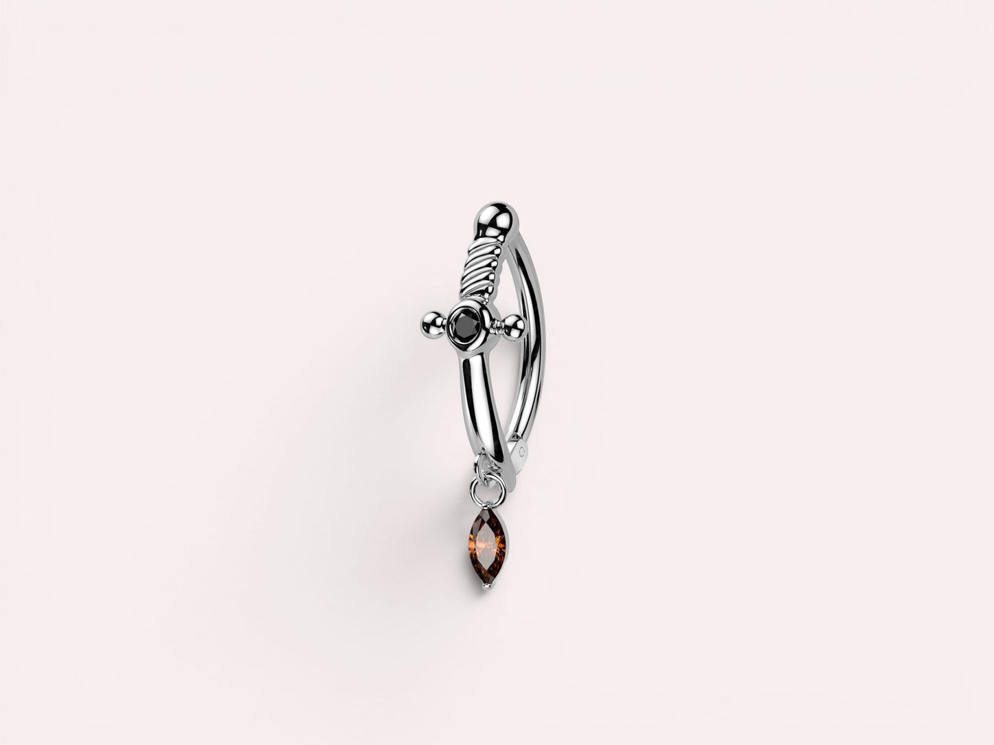 MKBodyJewelry stainless steel dagger belly button ring with black and brown CZ gems, 14G gauge, 10mm bar length.
