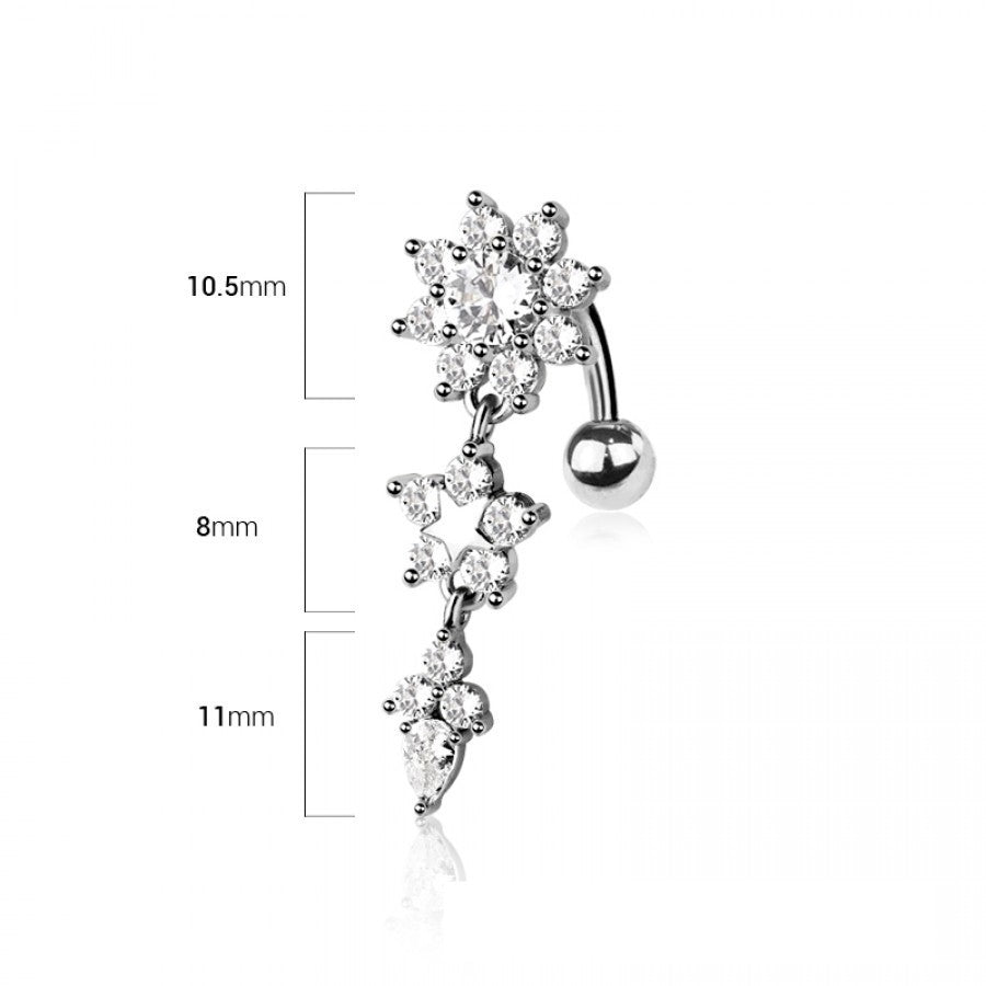 MKBodyJewelry dangling belly button ring with floral, star, and teardrop charms featuring clear cubic zirconia stones.