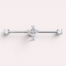 MKBodyJewelry 14G surgical steel industrial barbell with a dainty sparkling gold Jesus cross charm and clear cubic zirconia ends.