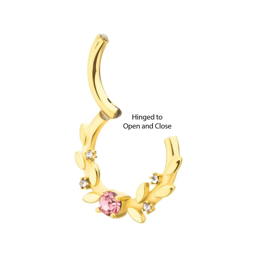 MKBodyJewelry gold surgical steel septum clicker ring with pink gem and floral leaf accents, 14g or 16g hinged hoop.