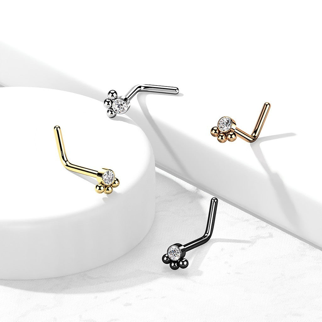 MKBodyJewelry 20G stainless steel L-shape nose studs with dainty paw print designs in gold, silver, rose gold, and black.