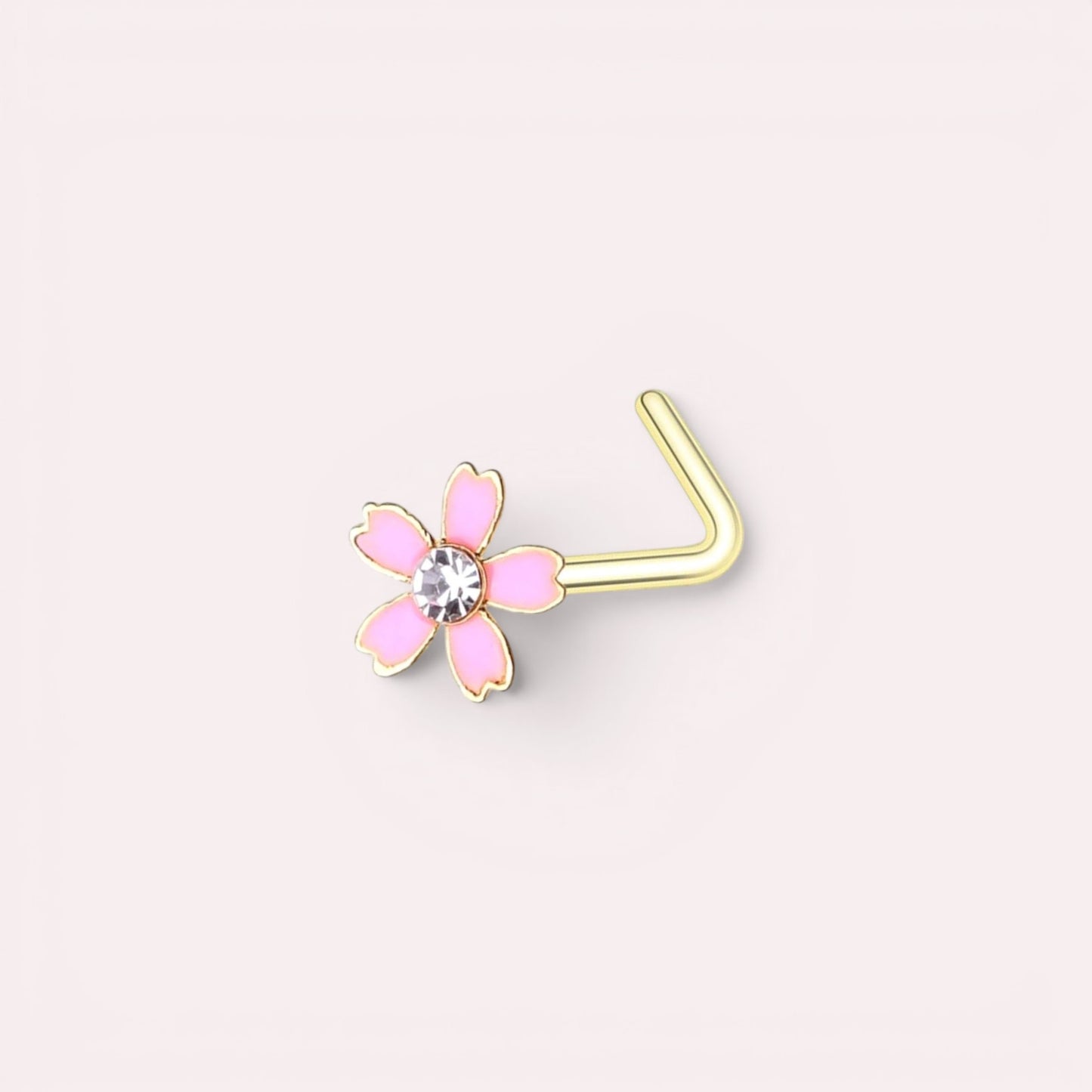 MKBodyJewelry dainty pink flower nose stud with a clear crystal center and gold L-shaped surgical steel post.