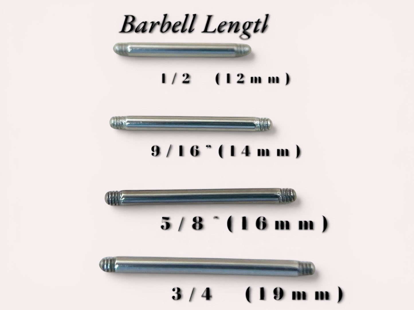 MKBodyJewelry surgical steel nipple barbells in 14g with multiple length options: 1/2", 9/16", 5/8", 3/4".