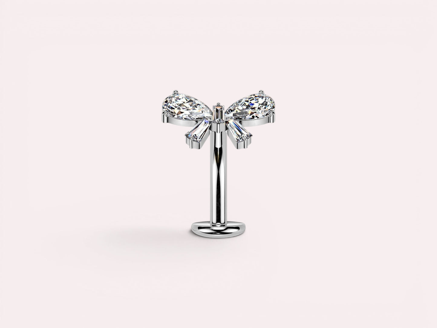 MKBodyJewelry dainty titanium threadless push in belly ring with clear crystal bow design. 14G.
