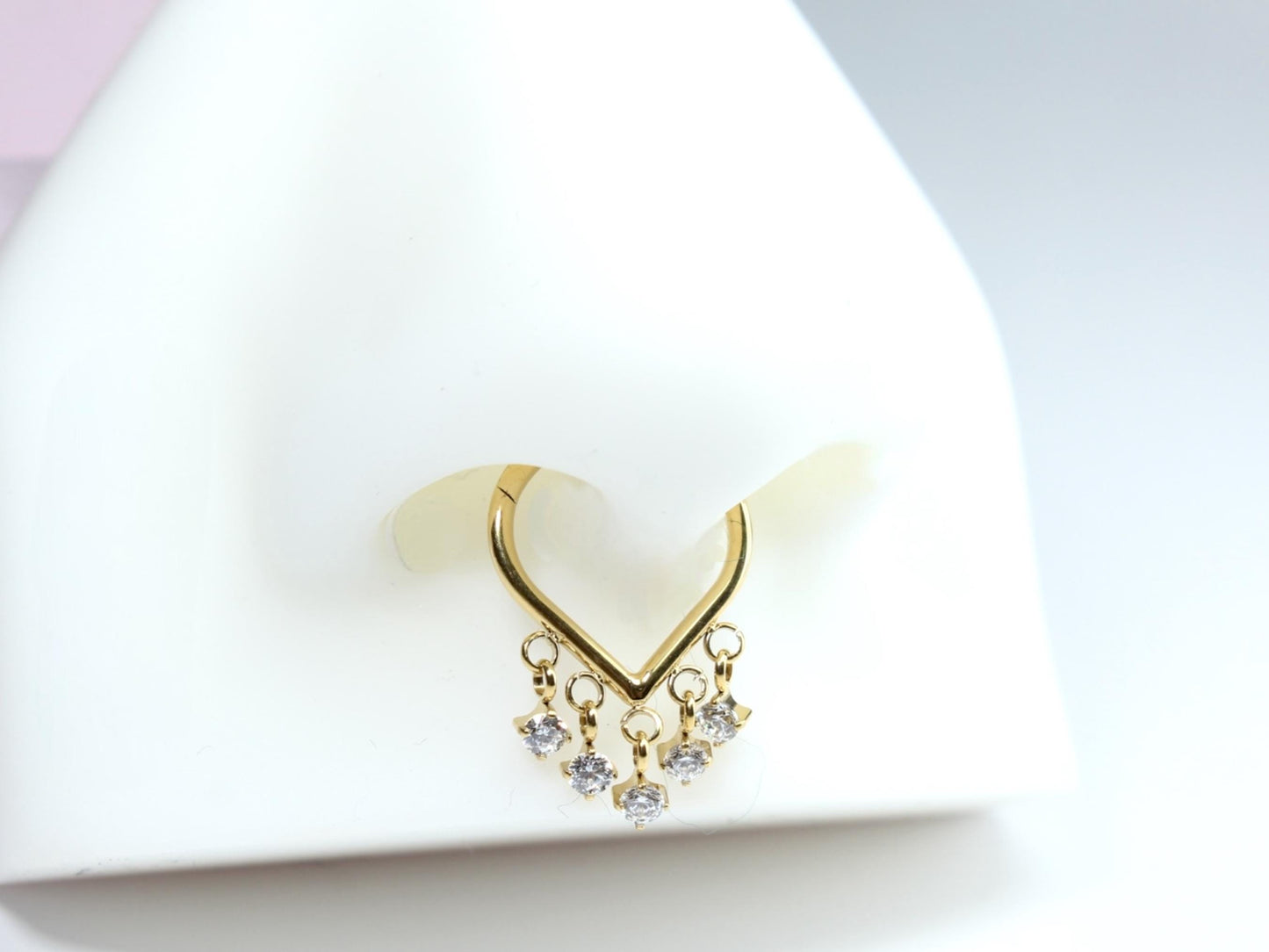 Titanium Septum Clicker Ring, 16g Gold Dangling Sparkle Gems Septum Hinged Clicker Hoop Ring, Dainty V Shape Septum Piercing, Nose Jewelry