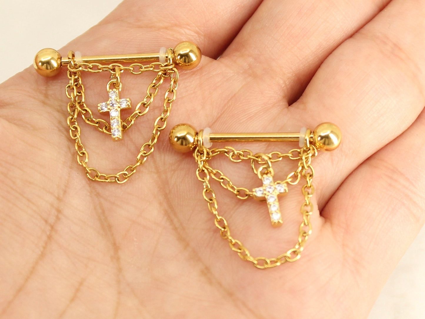 NEW • Gold Dangle Chain Nipple Ring, Cz Cross Dangle Chain Decor Nipple Piercing Barbell, 14g Gold Nipple Ring Body Jewelry