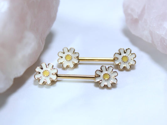 14G Daisy Nipple Barbell, Set of 2 Gold Floral Nipple Ring, Nipple Piercing Jewelry, Customized Personalized Body Jewelry