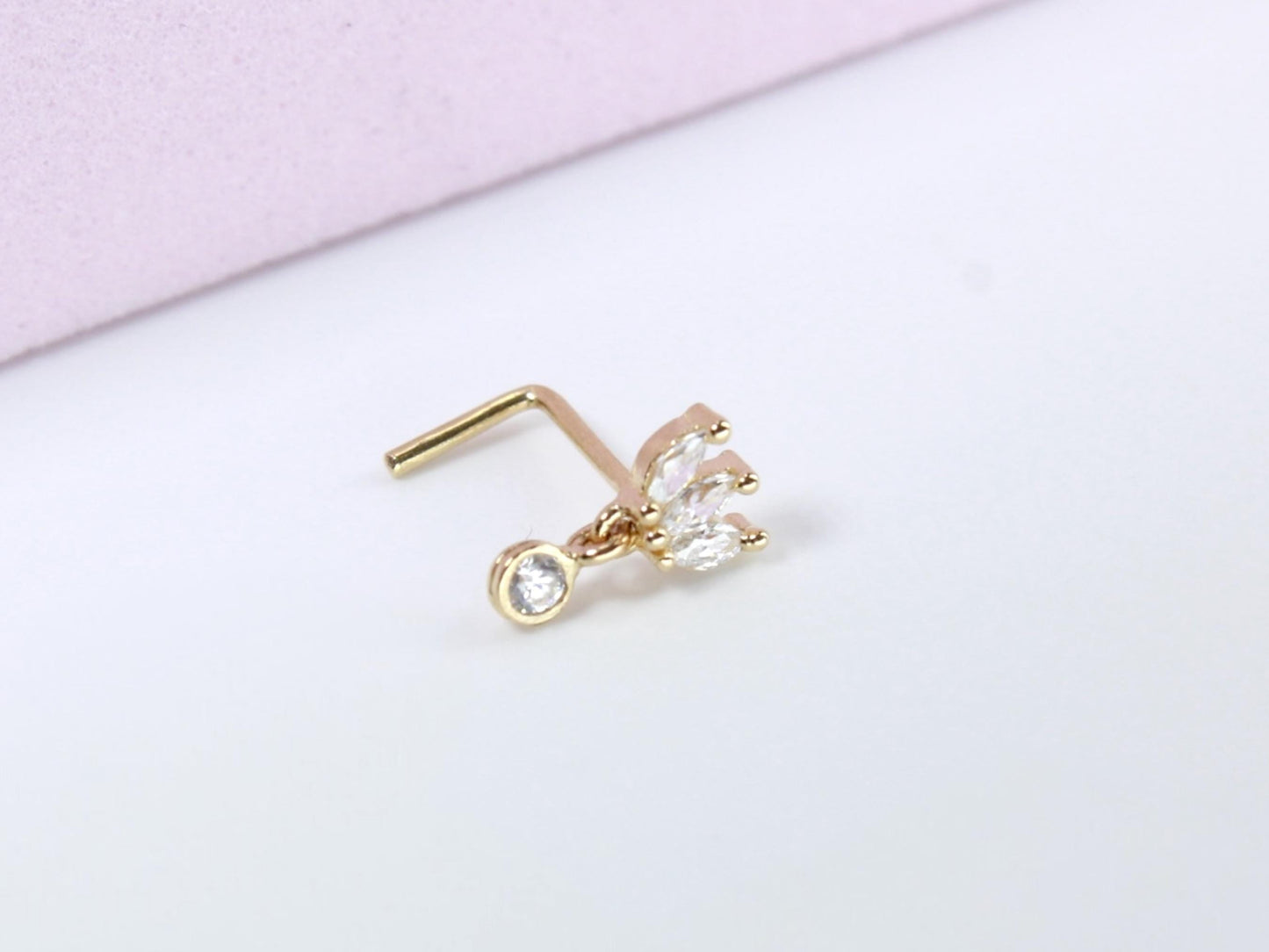 14K Gold Petal Nose Stud, 20g Dainty Dangling Star L Shape Corkscrew Nose Stud, Gold Nose Jewelry, L Bend Screw Nose Piercing Ring Jewelry