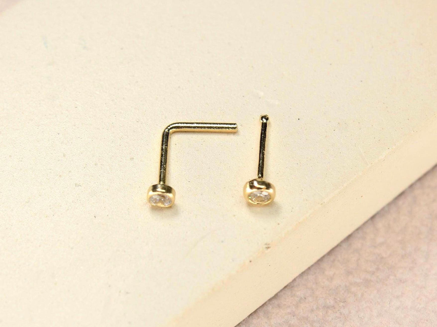 14k Gold Gem Nose Stud, Dainty Bezel Solid Gold L Shaped Nose Stud Piercing, Minimalist Gold Nose Pin Body Jewelry