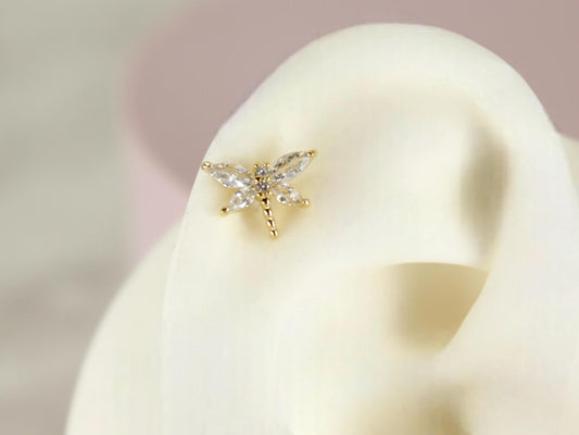 18G Dainty Dragonfly Push In Labret,Titanium Flat Back Stud, Gold Dragonfly Threadless Cartilage, Conch, Tragus Push in Stud.