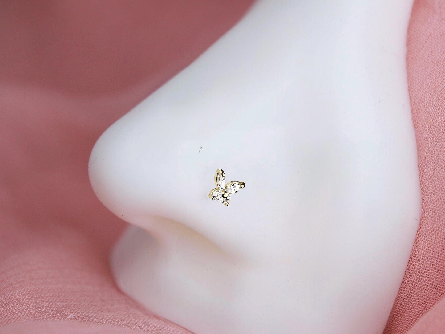 14K Gold Butterfly Nose Stud, 20g Dainty Crystal Butterfly L Shape Nose Stud, Gold Nose Jewelry, Minimalist Nose Piercing Ring Jewelry