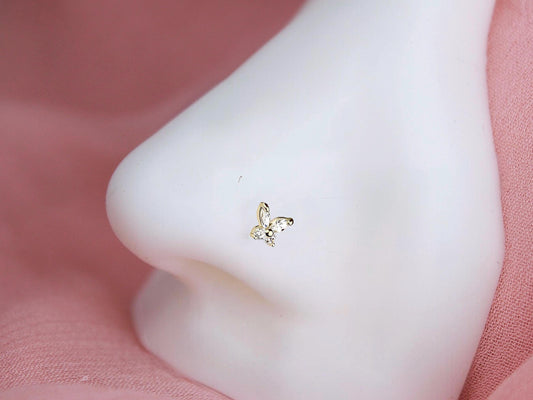 14K Gold Butterfly Nose Stud, 20g Dainty Crystal Butterfly L Shape Nose Stud, Gold Nose Jewelry, Minimalist Nose Piercing Ring Jewelry
