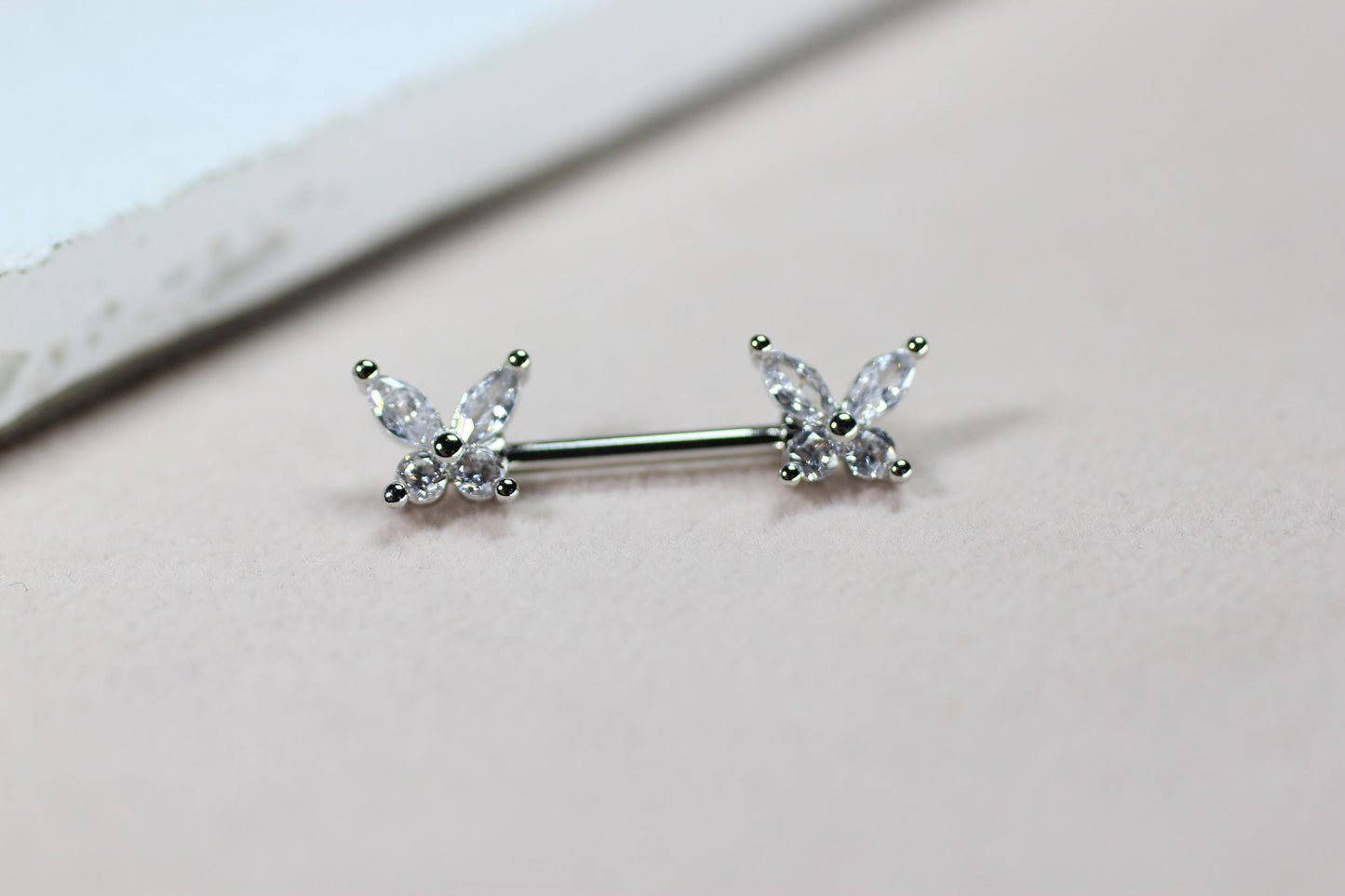 Silver Butterfly Nipple Ring, Dainty Marquise Gem Butterfly Nipple Piercing Barbell, 14g Nipple Ring, Surgical Steel Body Jewelry.
