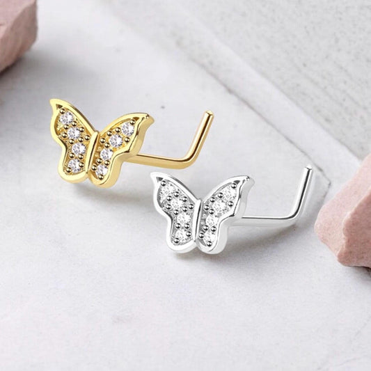 Gold Butterfly Nose Stud, 20g Dainty CZ Decor Butterfly Nose Piercing Body Jewelry, L shape Nose Piercing Ring, Thin Nose Stud Jewelry.