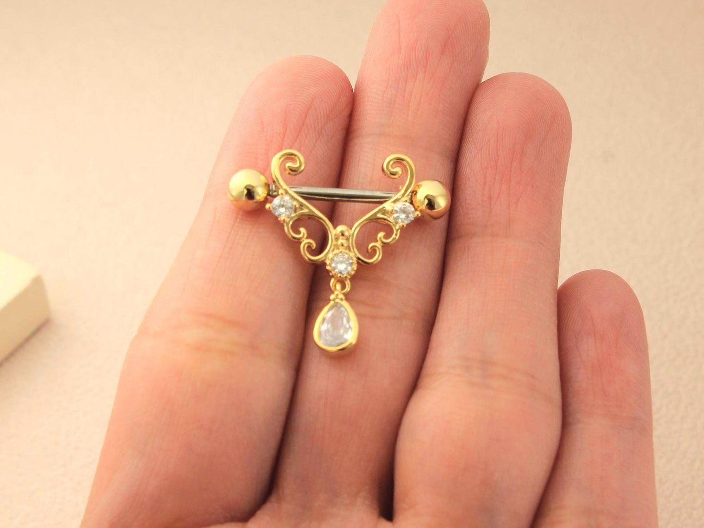 Gold Nipple Barbell Sheild, 14g Dangling Teardrop Heart Nipple Ring Jewelry , Pair of 2  Nipple Piercing, Gold Body Jewelry