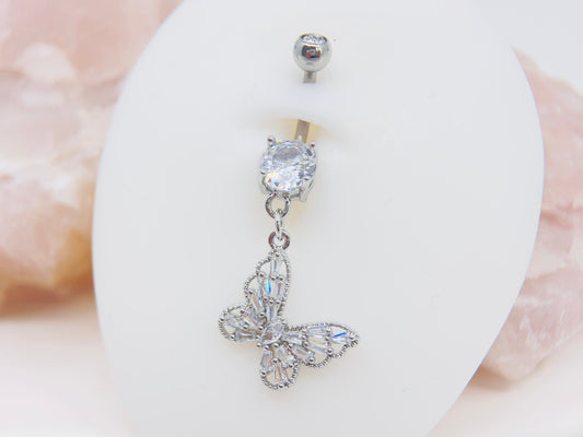 14G Butterfly Dangling Belly Ring, Sparkling Butterfly CZ Decor Charm Belly Ring Piercing, Navel Piercing Jewelry, Belly Button Ring