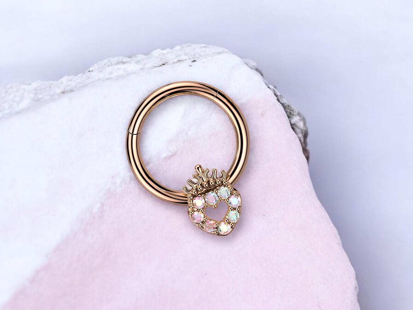 16g RoseGold Heart Septum Clicker Ring Hoop. Dainty Pink Sparkling Gems Crown Heart Front Facing Septum Piercing Ring Jewelry, Nose Jewelry