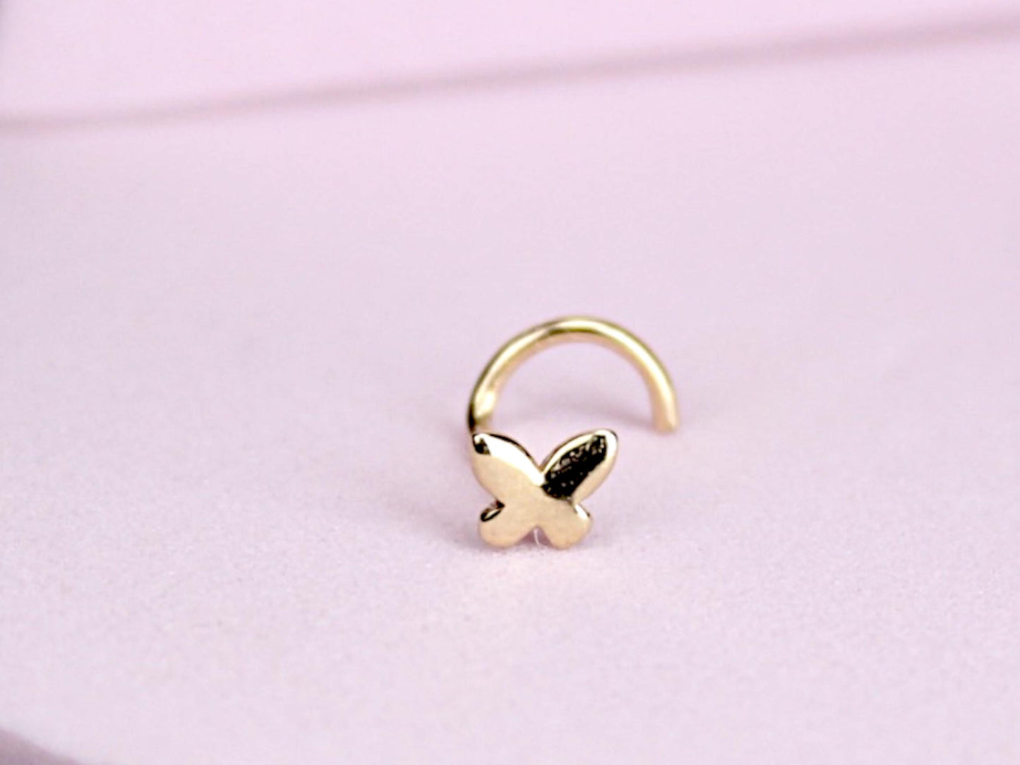 14K Solid Gold Butterfly Nose Stud, 20g Gold Corkscrew Nose Piercing, Dainty Gold Nose Jewelry, Minimalist Nose Piercing Ring Jewelry