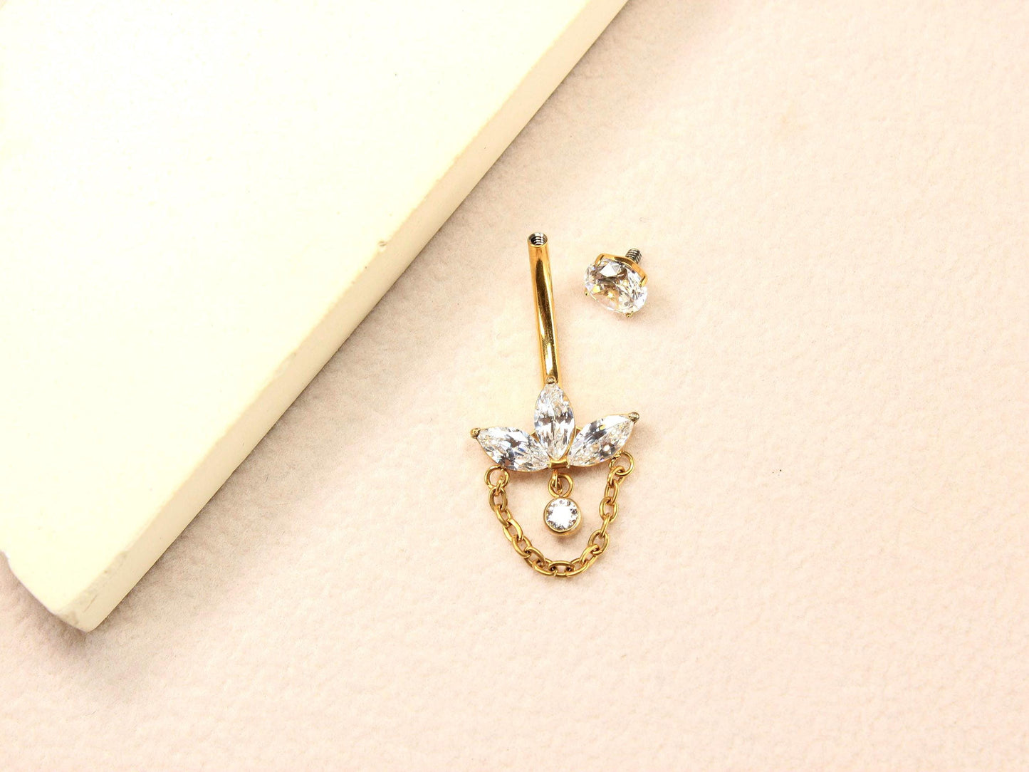 14g Titanium Belly Button Ring, Gold Dangling Chain Belly Ring, Petal Marquise Gem Charm Belly Piercing Jewelry, Gold Navel Body Jewelry