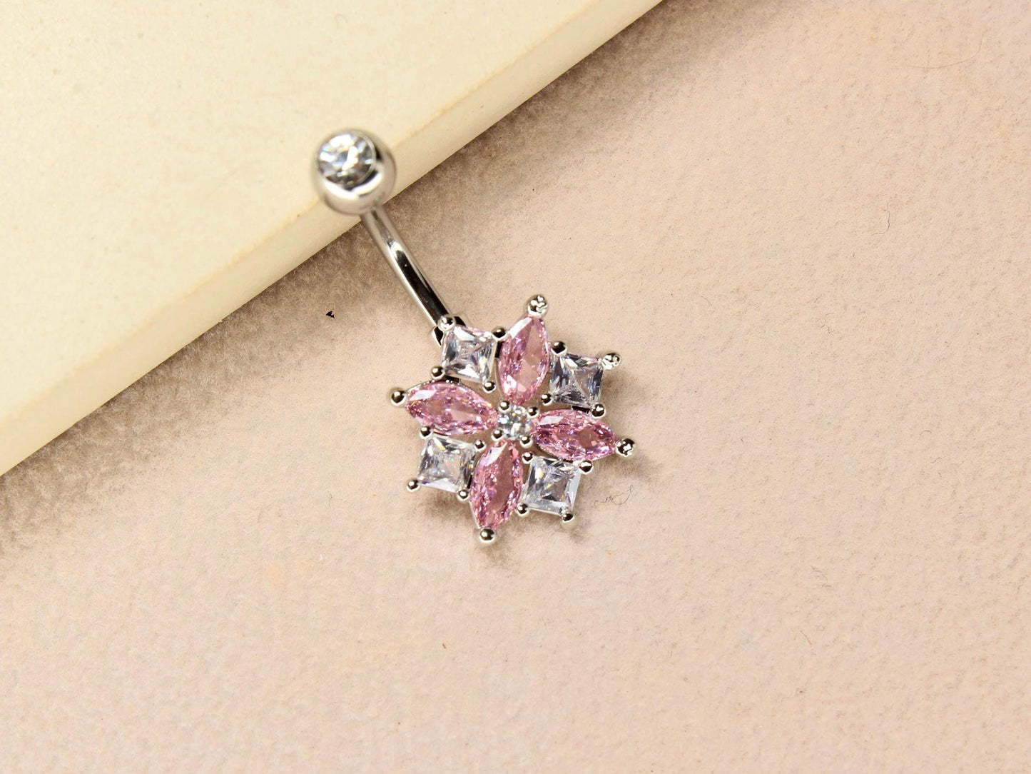 14G Floral Belly Ring, Dainty Pink Sparkling Clear Gem Belly Piercing, Navel Piercing Body Jewelry, Floating Navel Ring