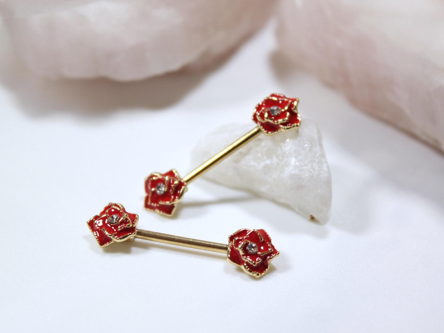 Red Rose Nipple Barbell Jewelry, 14g Rose Nipple Ring, Floral Nipple Piercing Jewelry, Personalized Body Jewelry