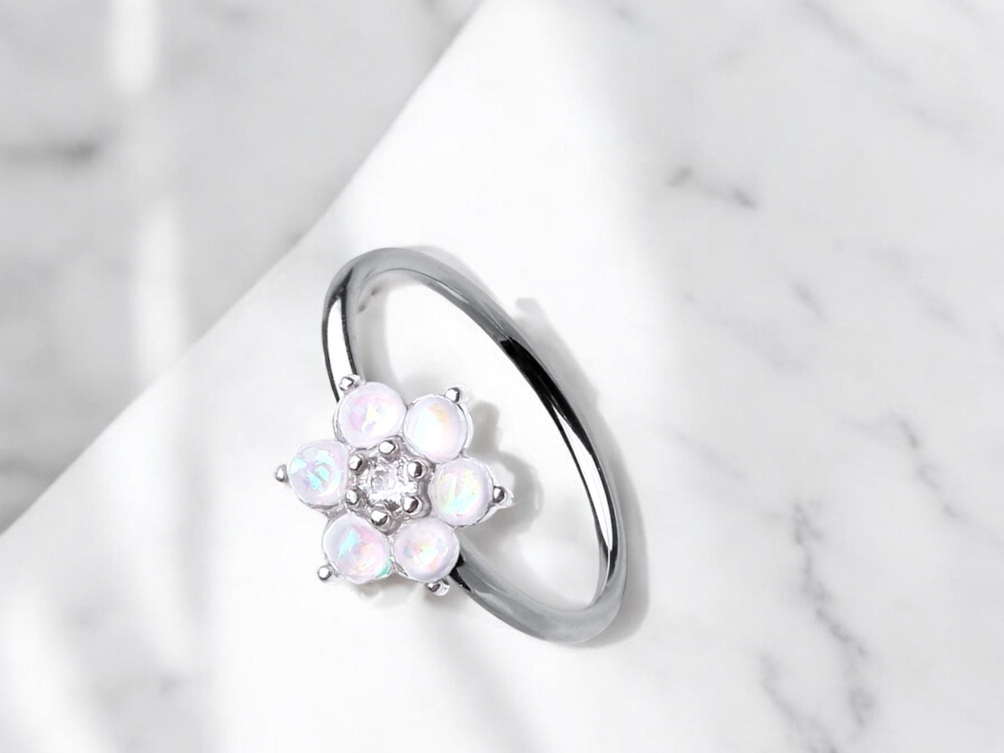 20g Opal Flower Nose Ring, Floral Top Opal Nose Hoop Ring, Jewelry, thin nose Ring Cartilage Hoop Ring, Hypoallergenic Nose Jewelry