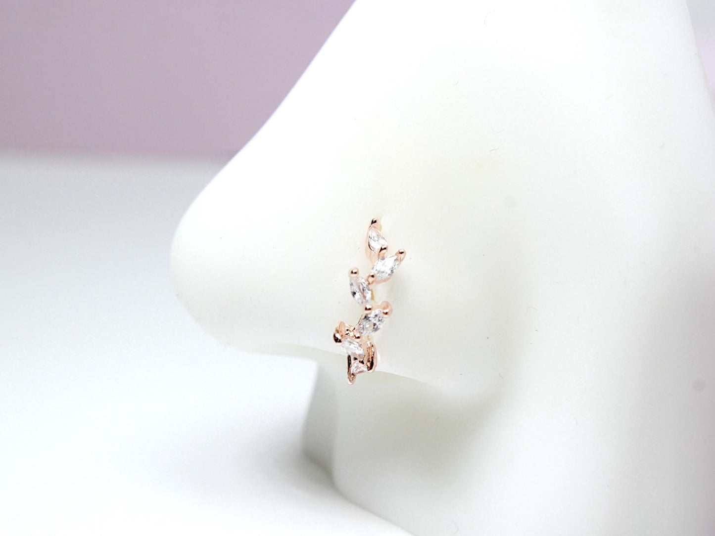 20G RoseGold Dainty Nose Ring Hoop. CZ Curvy Leaf Bendable Nose Ring. Nose Stud Piercing Jewelry. Cartilage Hoop Ring, Minimal Body Jewelry.