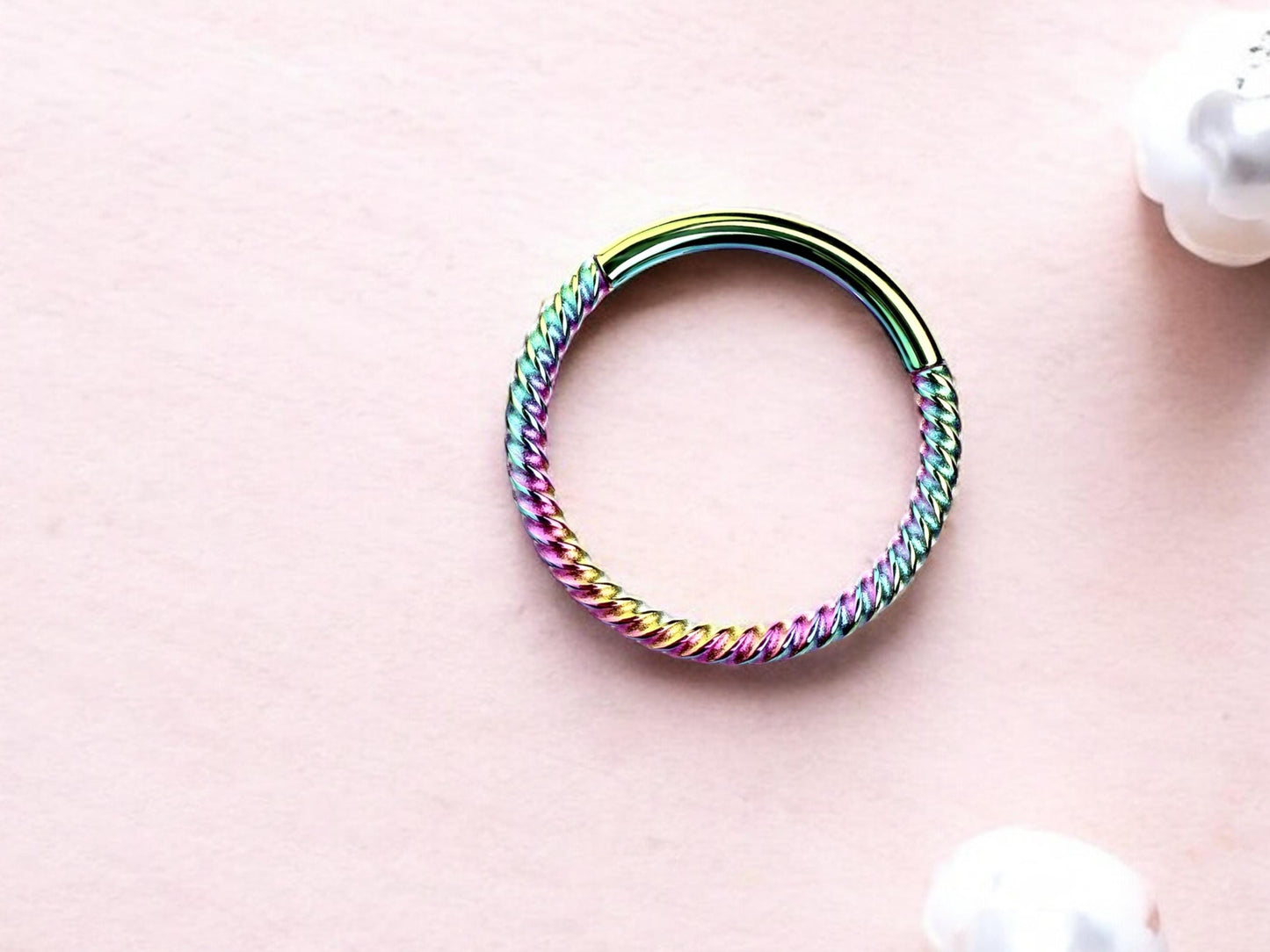 16g Rainbow Septum Hoop Ring, Multicolor Twisted Hinged Hoop Segment Septum Clicker Ring Piercing, Nose Jewelry