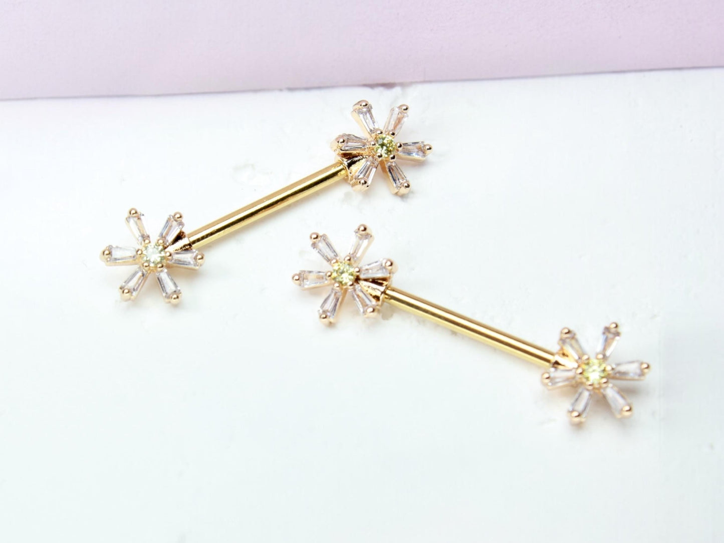 Gold Daisy Nipple Barbell, 14G Dainty Floral Nipple Ring, Set of 2 Baguette Nipple Piercing Body Jewelry