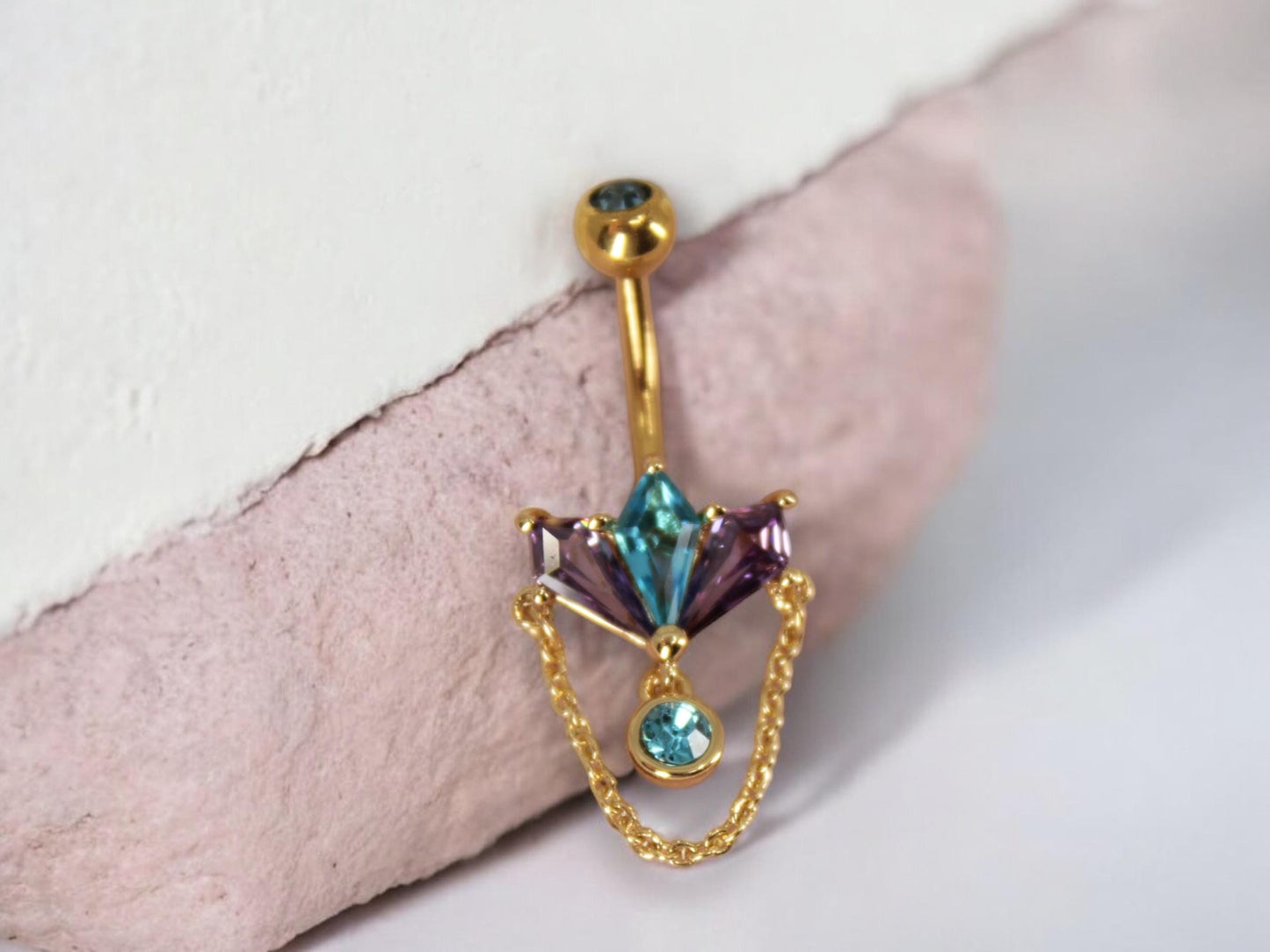 14g Dangling Gold Chain Belly Ring, Multicolor Marquise Gem Decor Charm Belly Button Piercing Jewelry, Gold Dangling Navel Piercing Jewelry