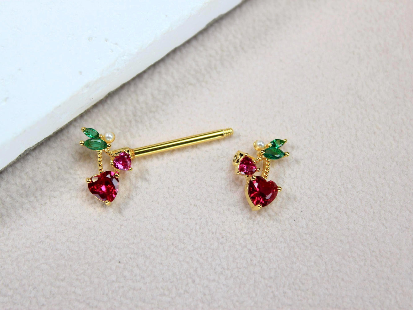14g Gold Nipple Barbell, Cherry Heart Drop Charm Nipple Piercing, Body Jewelry