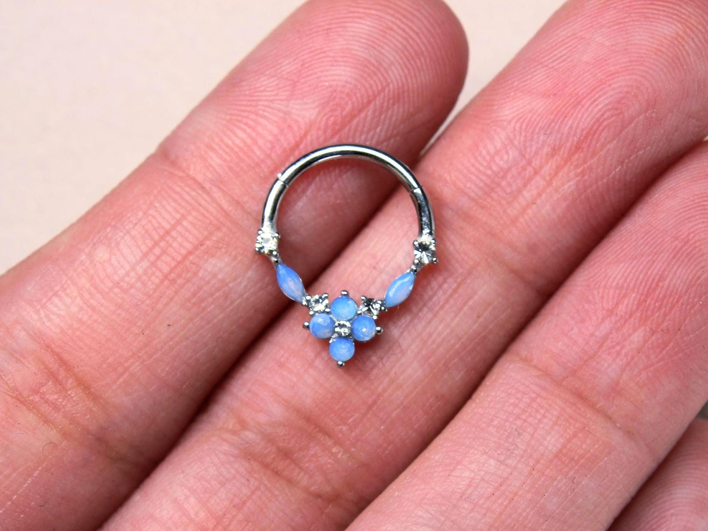 Blue Opal Septum Clicker Ring, 16G Dainty Floral Nose Septum Hinged Hoop Ring, Nose Piercing Septum Ring, Body Piercing Jewelry