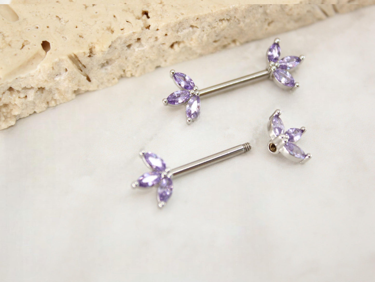 14G Purple Lotus Leaf Nipple Barbell,  Floral Petals Marquise Gem Silver Nipple Piercing Ring, Body Piercing Jewelry.