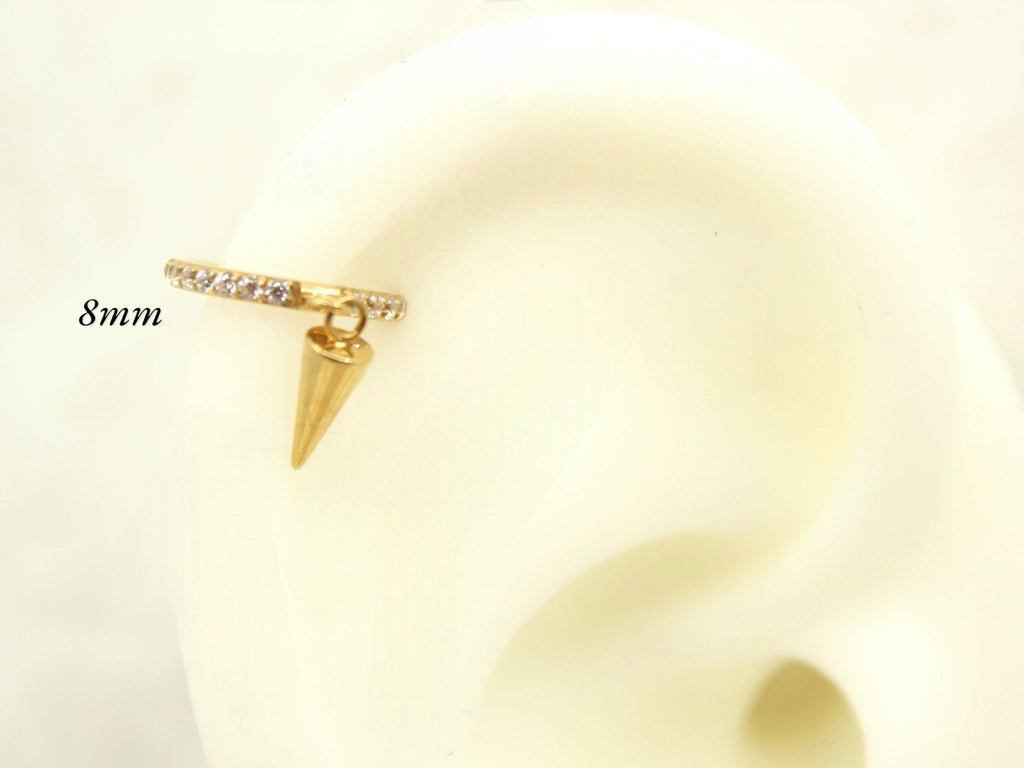 Gold Spike Dangle Hoop Ring, CZ Conch Hoop Clicker Ring, Conch Piercing Hoop Ring, Titanium Septum Daith Cartilage Piercing Earring
