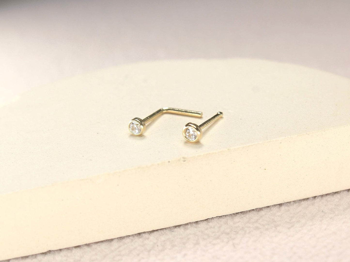 14k Gold Gem Nose Stud, Dainty Bezel Solid Gold L Shaped Nose Stud Piercing, Minimalist Gold Nose Pin Body Jewelry