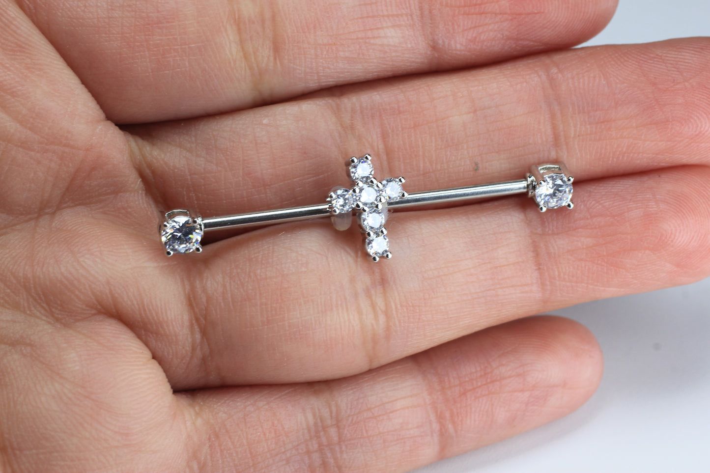 14G Cross Industrial Barbell, Dainty Sparkling Gold Jesus Cross Industrial Barbell Piercing, 35mm Barbell Body Jewelry.