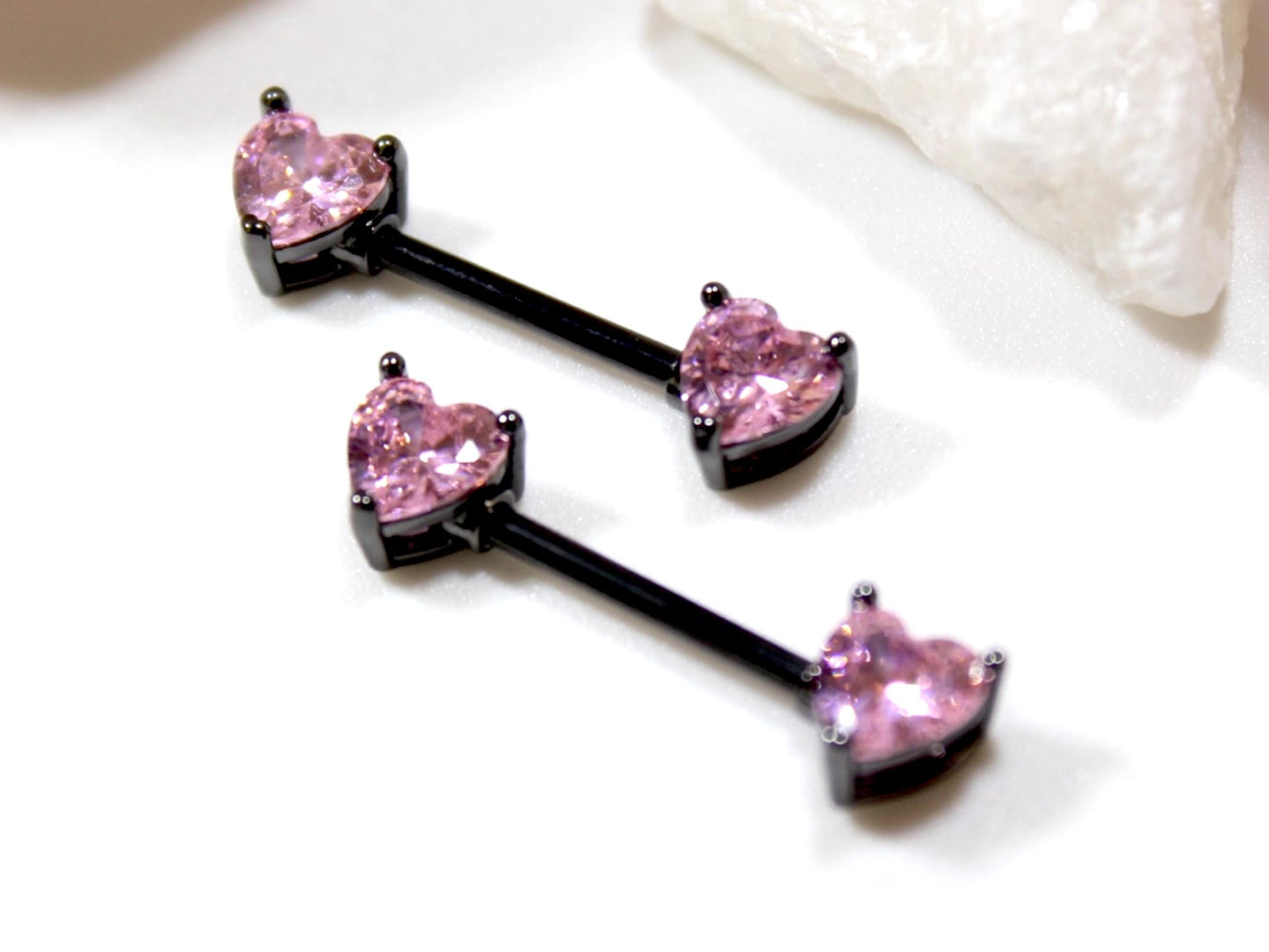 14g Heart Nipple Ring, Pink Heart Black Nipple Piercing Barbell, Personalized Body Piercing Jewelry Set of 2 Nipple Jewelry