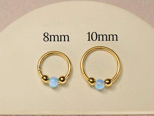 Opal Septum Ring, 18G Gold Septum Clicker Ring Piercing, Nose Piercing, Surgical Steel Body Jewelry