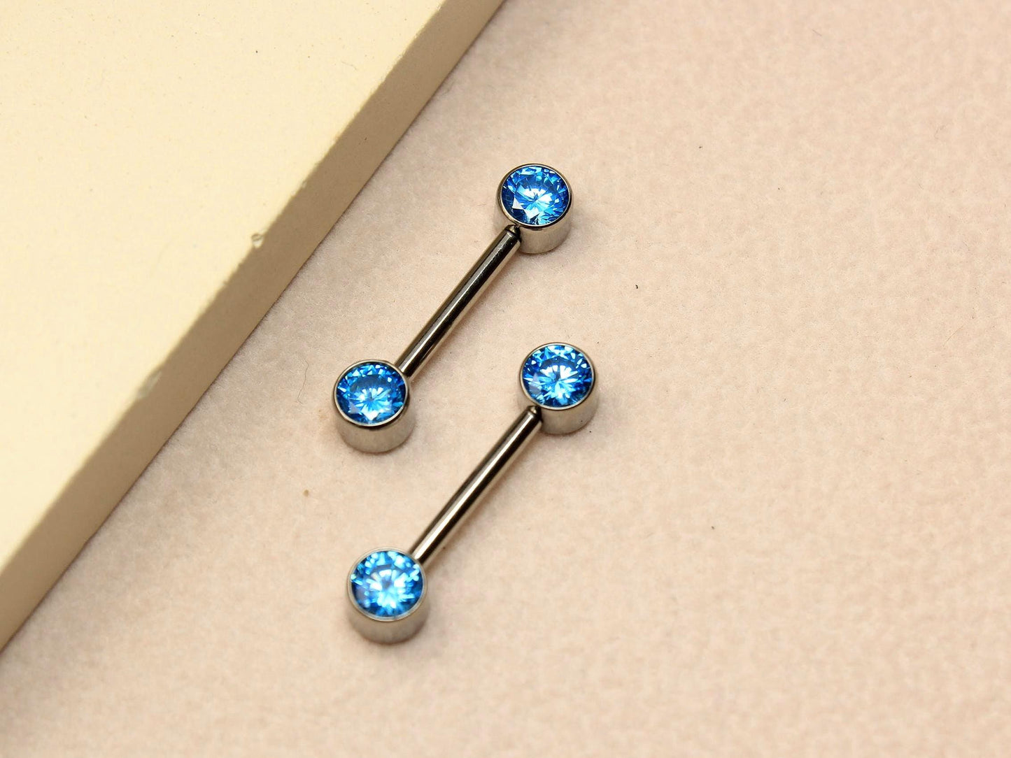 14g Titanium Nipple Barbell, Internally Threaded Bezel Set Nipple Piercing Ring, Set of 2 Body Piercing Jewelry