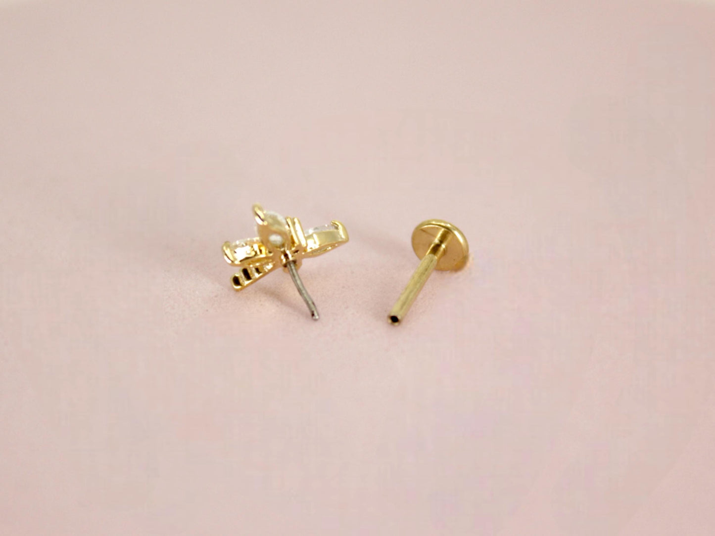 18G Dainty Dragonfly Push In Labret,Titanium Flat Back Stud, Gold Dragonfly Threadless Cartilage, Conch, Tragus Push in Stud.