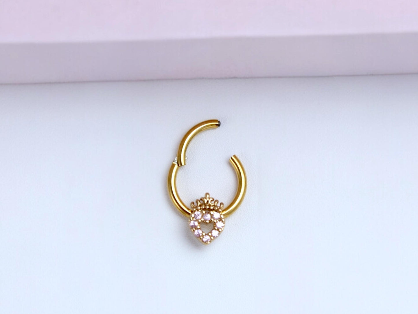 16G Gold Septum Clicker Ring Hoop, Dainty Pink Heart Septum Piercing Jewelry, Septum Nose Piercing Body Jewelry. Gold Nose Jewelry