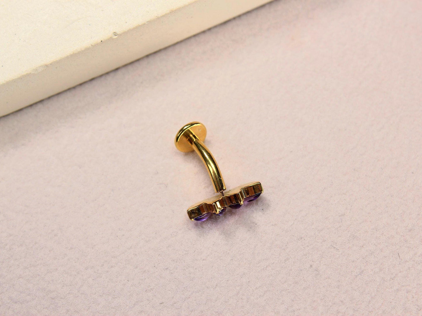 14G Titanium Belly Button Ring, Purple Stone Lotus Floral Threadless Push In Belly Ring Piercing, Floating Navel Ring Jewelry
