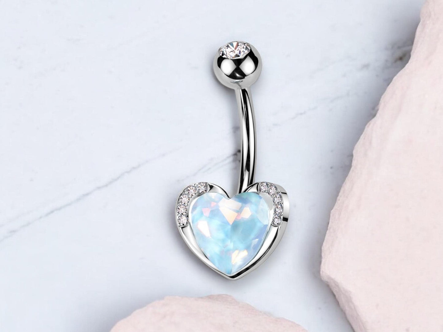 14g Heart Silver Belly Button Ring, Dainty Aqua Gem Heart Belly Ring, Cute Navel Piercing Jewelry