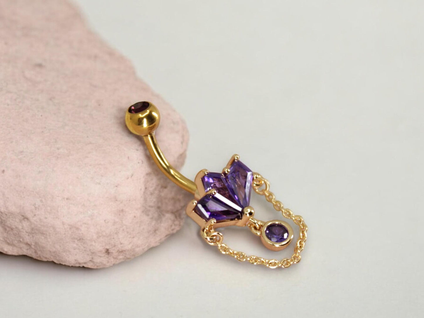 14G Gold Chain Dangling Belly Button Ring – Purple Marquise Gem Charm