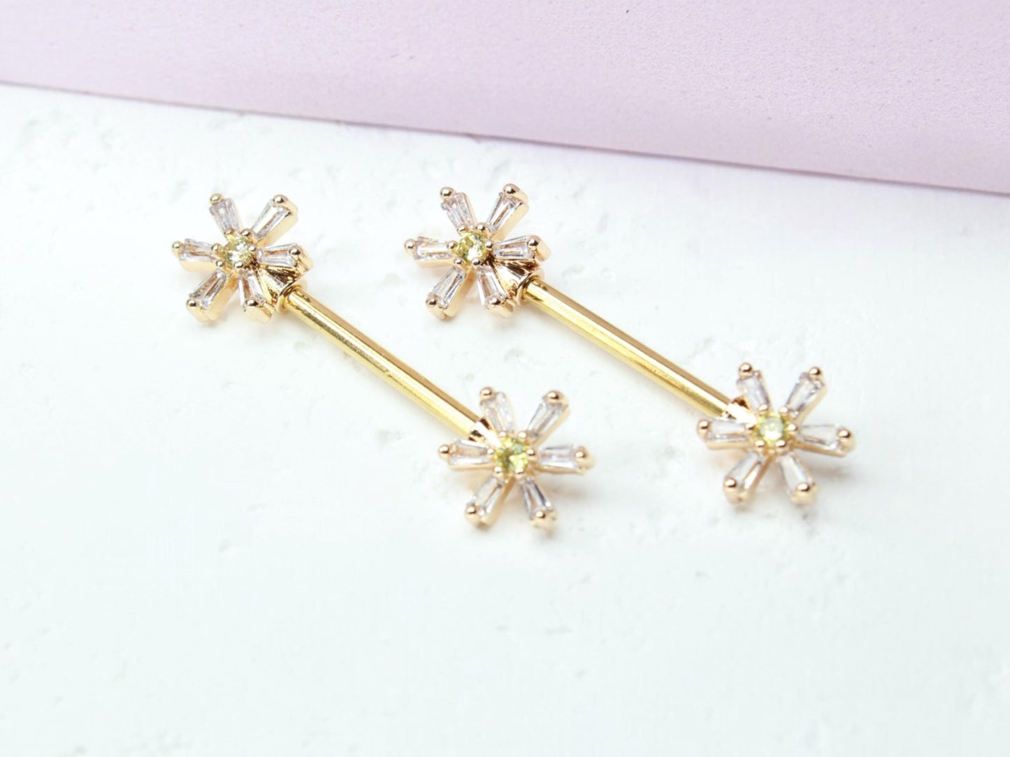Gold Daisy Nipple Barbell, 14G Dainty Floral Nipple Ring, Set of 2 Baguette Nipple Piercing Body Jewelry