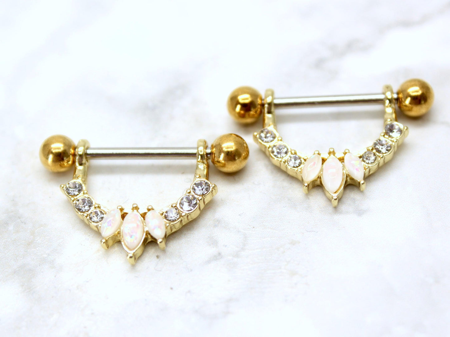 Opal Dangle Nipple Ring, Marquise Cut Opal Decorative Gem Nipple Piercing Jewelry, Gold Body Jewelry Piercing Nipple Ring Barbell